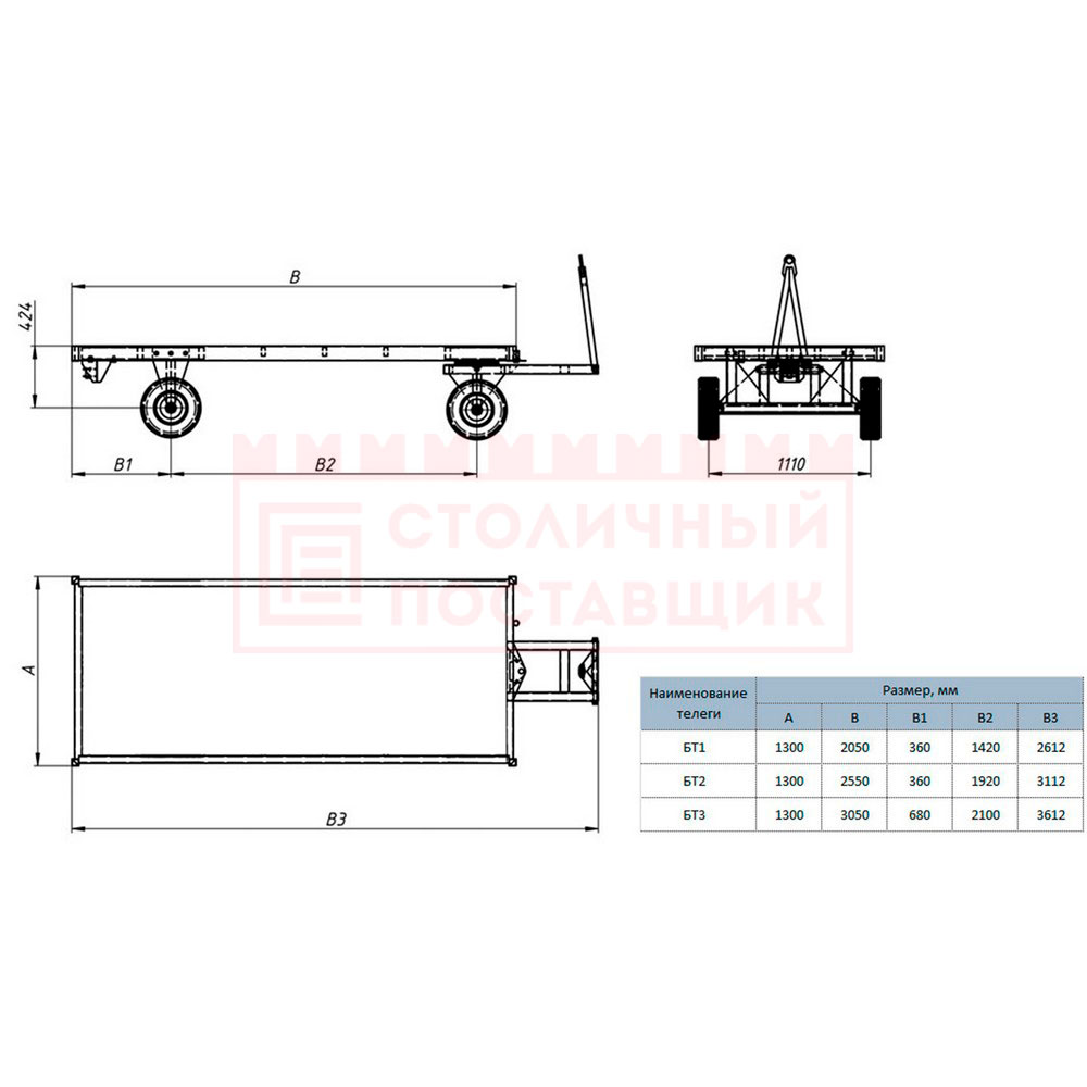 Большегрузная тележка БТ-Н (3 т, 2000x1250 мм, фанерный настил, без бортов)