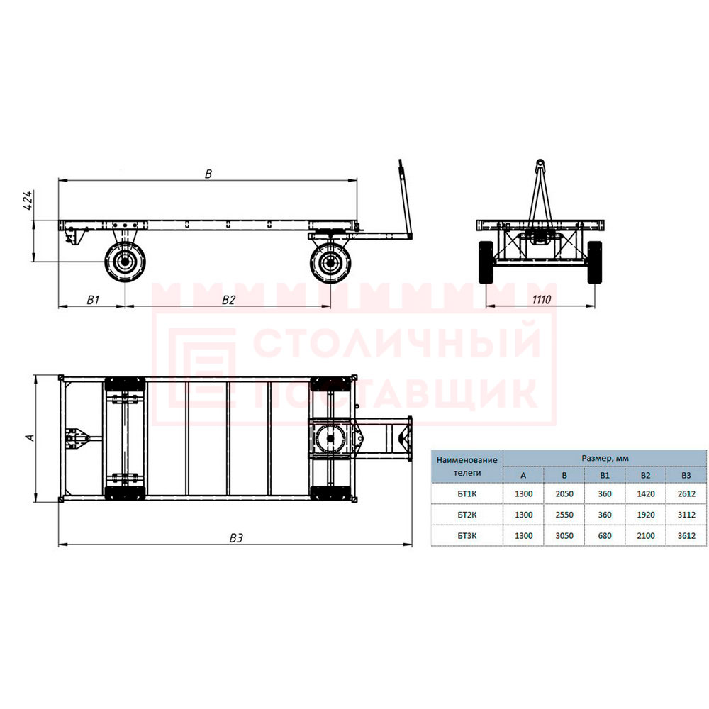 Большегрузная тележка БТ-К (3 т, 2000x1250 мм, без настила, без бортов)